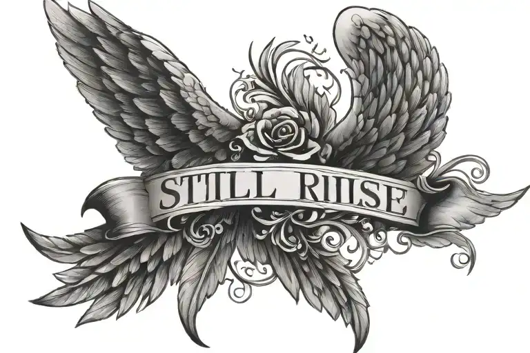 the words "still i rise" with angel wings tattoo design idea