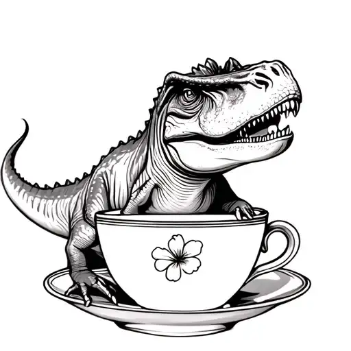 Fine line tattoo, Realistic T-rex asleep in a tea cup. Tea cup has a tiny hibiscus flower rimmed pattern. Background has tattoo design idea