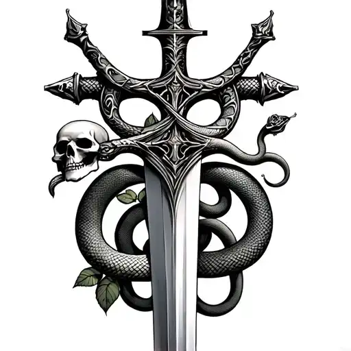 sword in a shape of a cross with a snake, skulls, and roses tattoo design idea