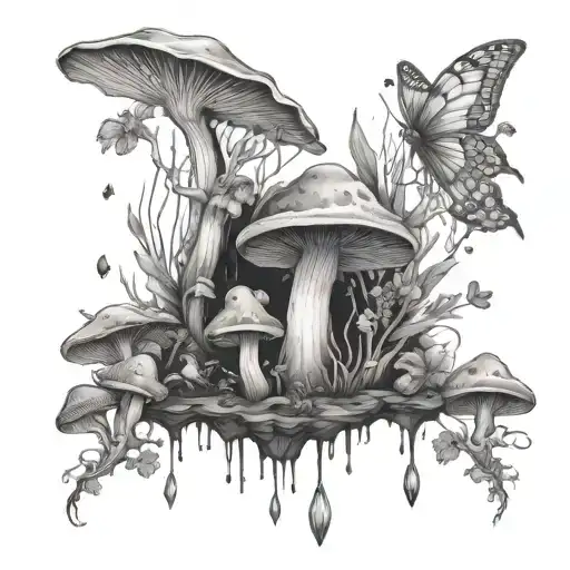 mushrooms Forest with lunar moth and crystals growing tattoo design idea