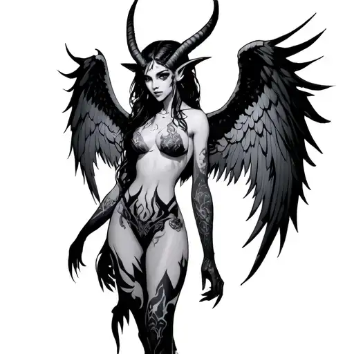 Female succubus with horns like a draenei from WoW with gauged ears, with scorched angelic wings on her back tattoo design idea