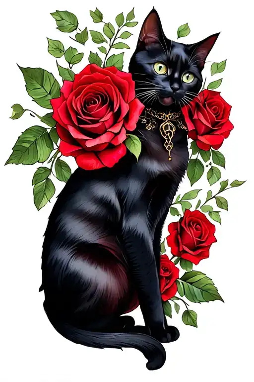Gothic, red roses, black cat tattoo design idea