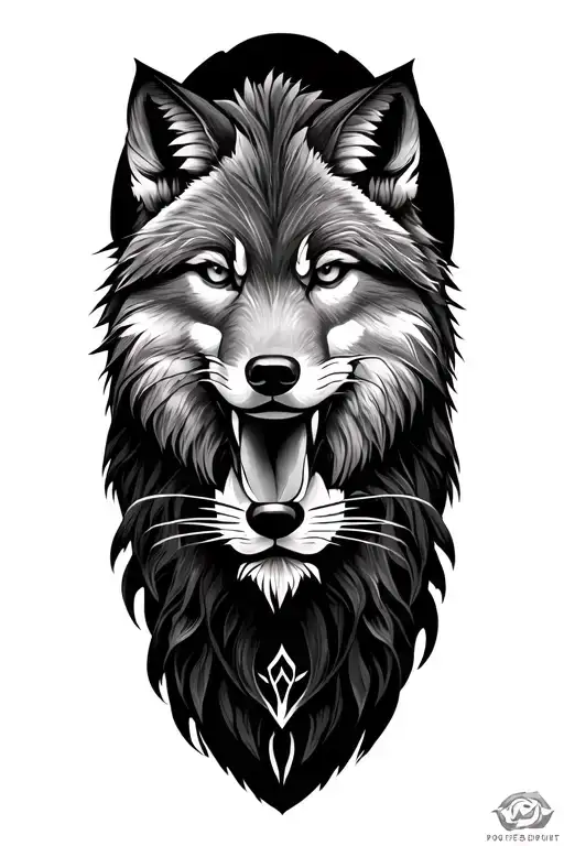 Half sleeve for the upper arm with a blend of a fox, a wolf, and a lion all together with a Polynesian artistic style tattoo design idea