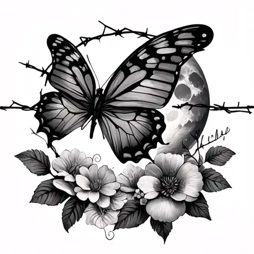 Ank, barbed wire, butterfly, flowers and moon tattoo design idea