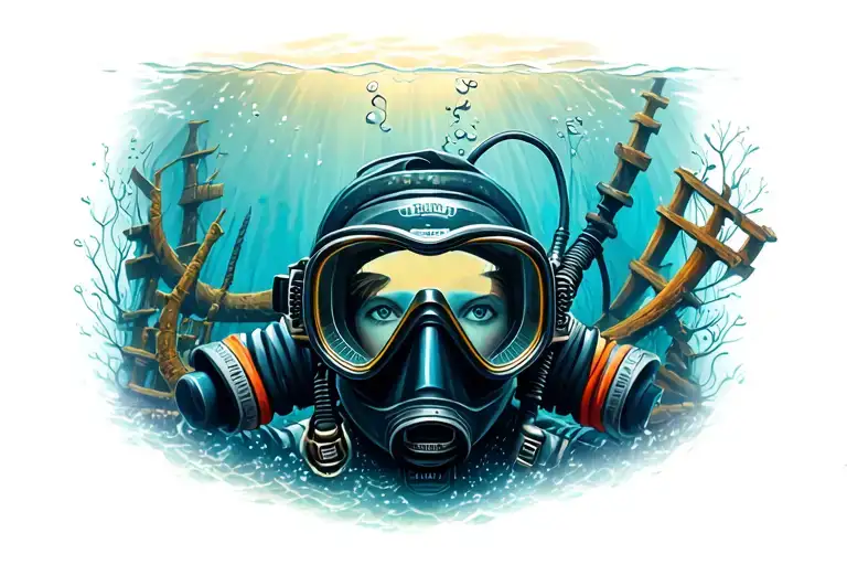 looking through a scuba mask underwater at a shipwreck tattoo design idea