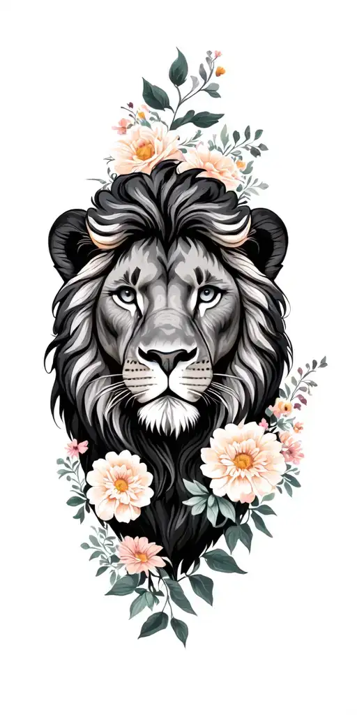 Leo lion with flowers tattoo design idea