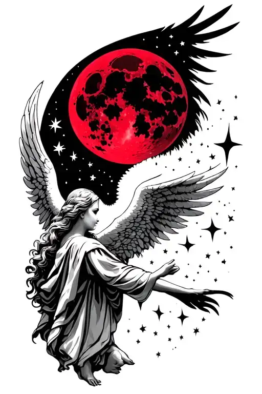 angel looking at white stars and red moon rising tattoo design idea