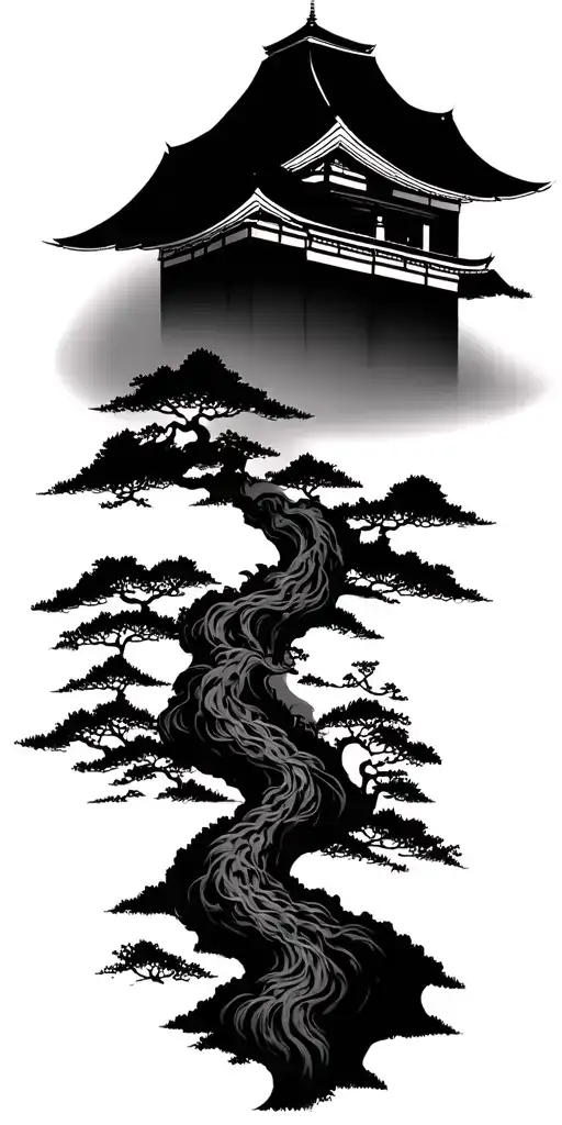 Japanese mountain and temple scenery tattoo tattoo design idea