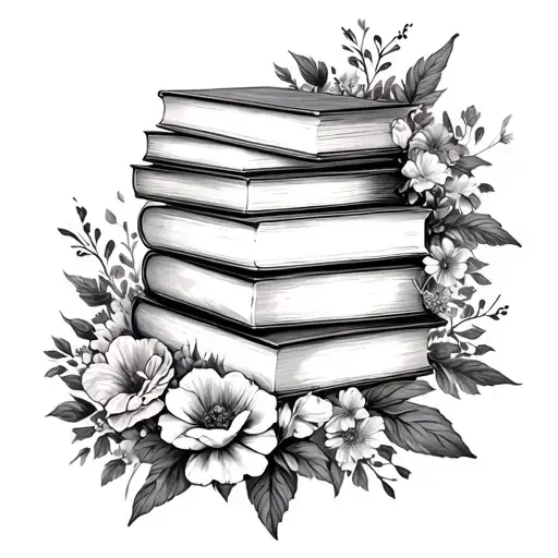 stack of books surrounded by florals tattoo design idea