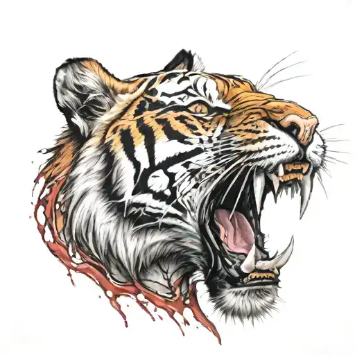 Tiger snarls in motion paws covered in blood tattoo design idea