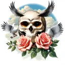 skull, roses, an owl with trees behind, text with cloud backround with doves tattoo design idea