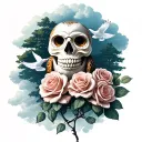 skull, roses, an owl with trees behind, text with cloud backround with doves tattoo design idea