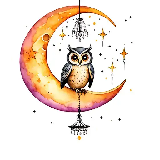 owl sitting on moon with chandelier and stars forming tattoo design idea