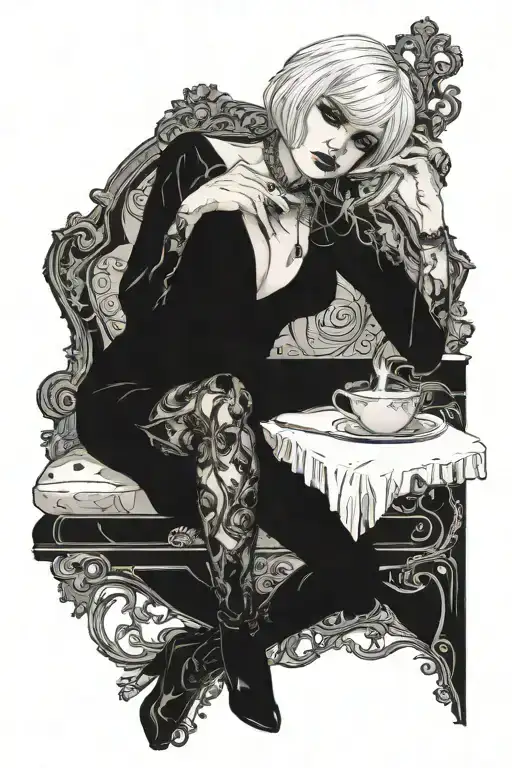 Sexy Woman, short white bob hairstyle, Petite Body, huge cleavage, Thick Thighs, Big booty, Smoking cigarette, side view tattoo design idea