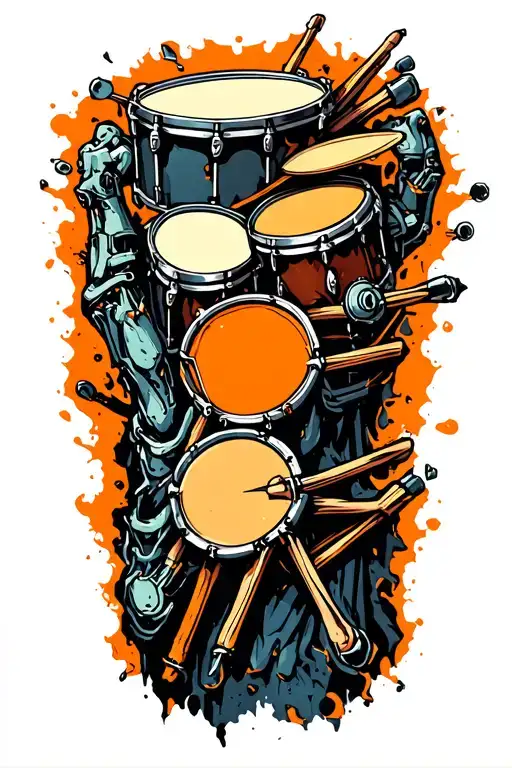 the inside of the forearm is visible through eroded Skin and reveals drum sticks instead of bones and cyborg machinery tattoo design idea