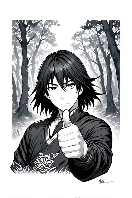 God yato from Noragami giving a thumbs up with a forest behind him.  tattoo design idea