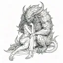 a petite woman comforting a large demon beast shadowed in darkness tattoo design idea