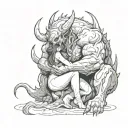 a petite woman comforting a large demon beast shadowed in darkness tattoo design idea