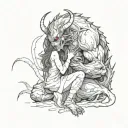 a petite woman comforting a large demon beast shadowed in darkness tattoo design idea