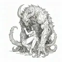 a petite woman comforting a large demon beast shadowed in darkness tattoo design idea