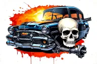 "Los Ami" I would like a tattoo with a automotive motif with a skull with a piston connected with a somewhat dark gangster motif. tattoo design idea
