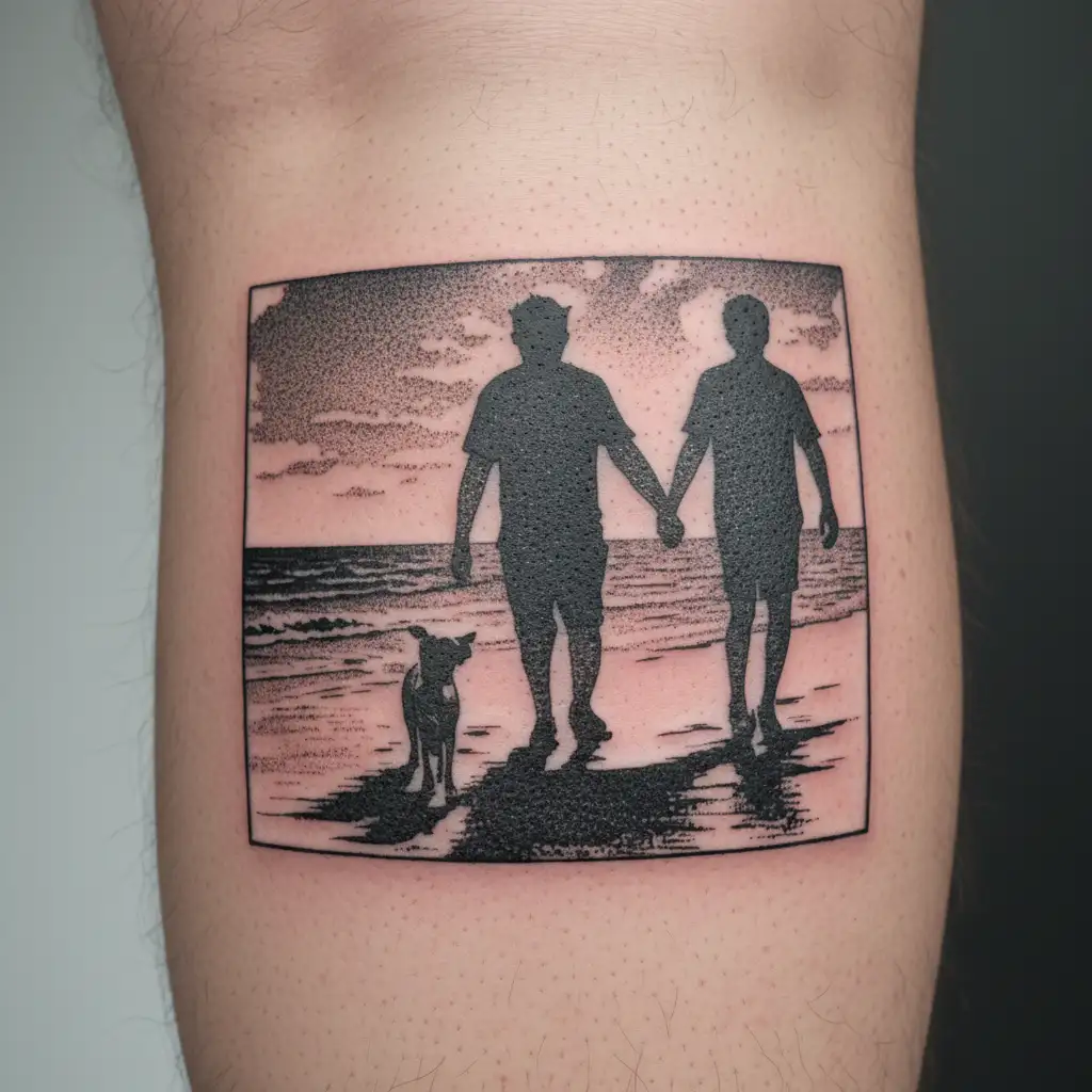 Silhouette of a father, son, and staffy dog walking along the beach at sunset tattoo design idea