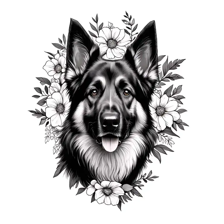 German shepherd, floral background symbolizing the client's tattoo design idea