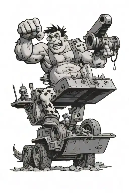 Fred Flintstone in an excavator with strippers on it on fire Yabba Dabba I'll do ya  tattoo design idea