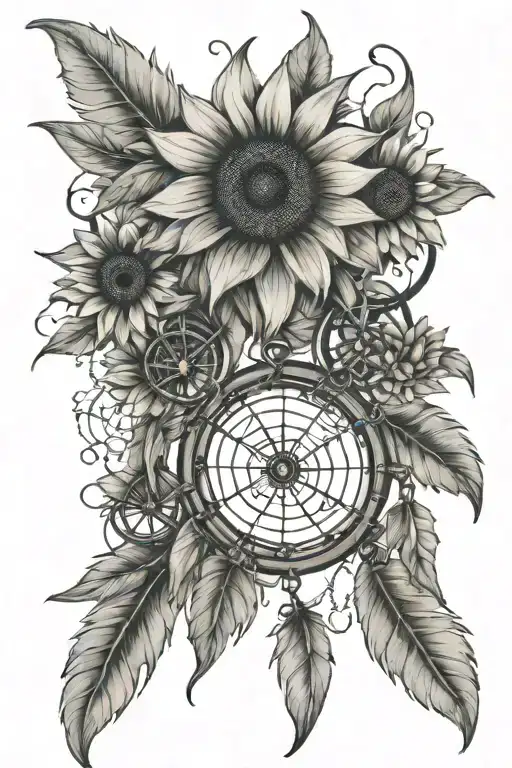 dreamcatcher with navy anchor and silver dollars in the middle with sunflowers hanging down tattoo design idea