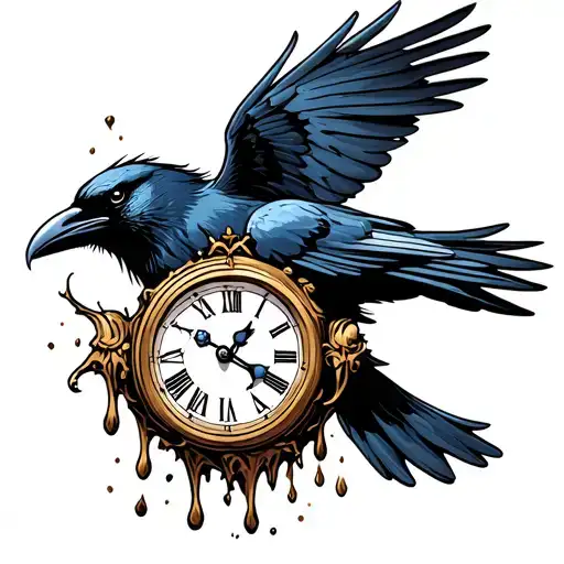flying raven carrying clock melting tattoo design idea