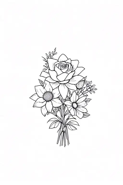 tiny simple 1D bouquet with a rose, daffodil, waterlily, peony, daisy, sweet pea, morning glory tattoo design idea