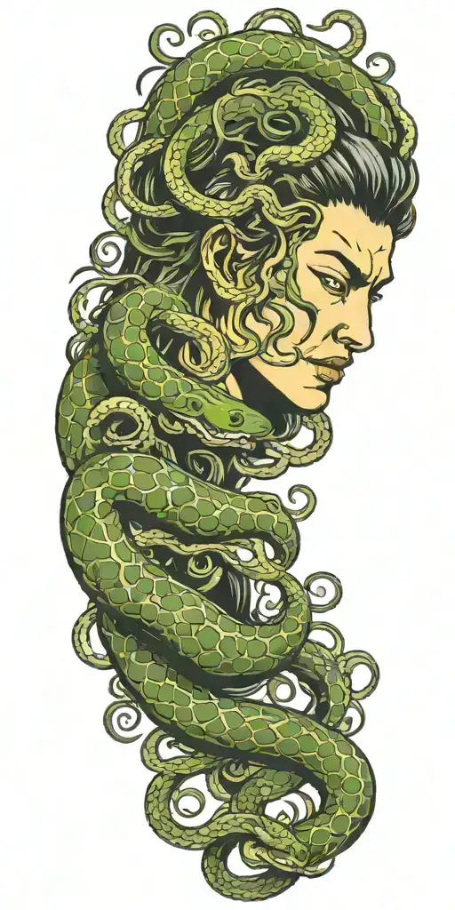 Medusa head with snakes intertwined around arm sleeve tattoo design idea