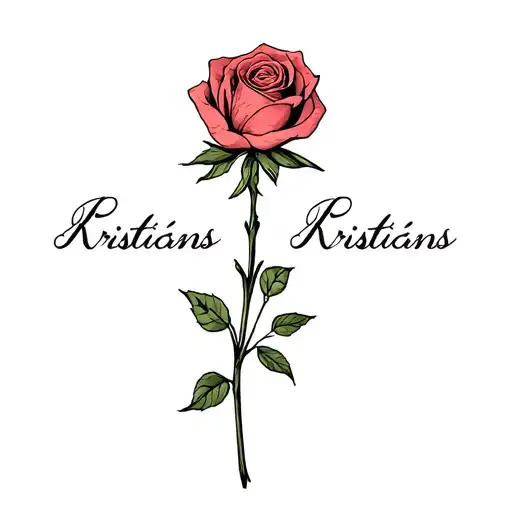 Rose and name Kristiāns written vertically in a beautiful font tattoo design idea