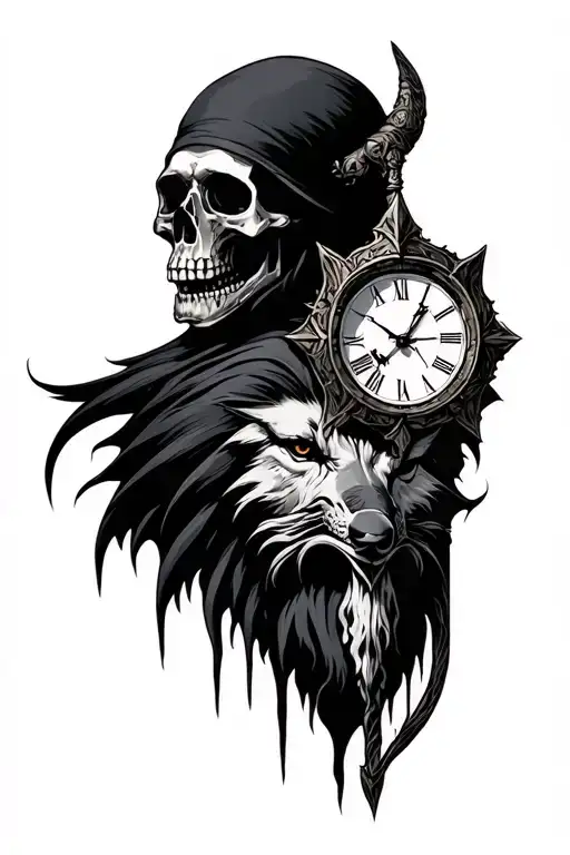 reaper, skull, 'memento mori', viking, clock, wolf, wisdom tattoo design idea