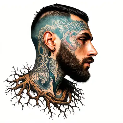 Cinematic photo of a man with a custom tattoo. The tattoo starts at the neck with thick root stems that branch out into  tattoo design idea