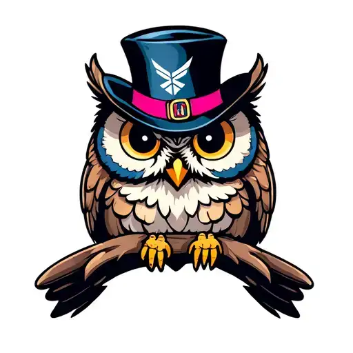 owl, tophat, with airforce emblem, touches of pink, monacle tattoo design idea