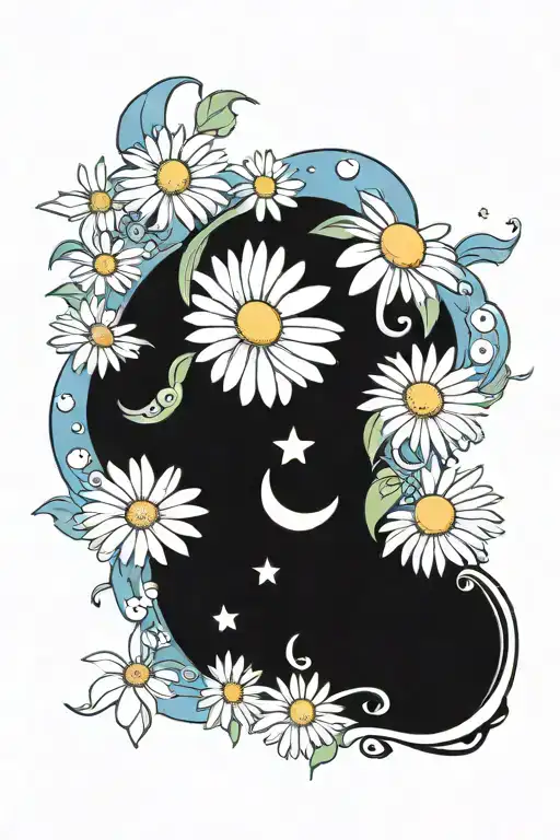 white daisys and blue crescent moon merging together tattoo design idea