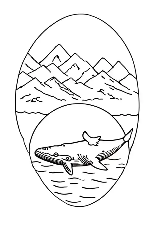 humpback whale swimming in a sea with mountains behind tattoo design idea