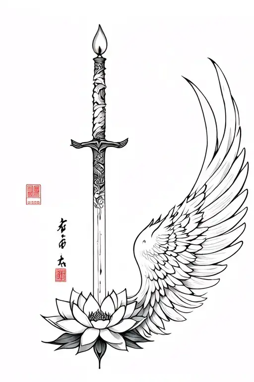 Phoenix wings, lotus flower, candle, semicolon, Dao/Jian sword tattoo design idea