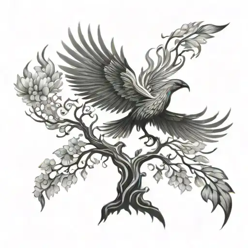 tree of life tree an phoenix bird flying towards tattoo design idea