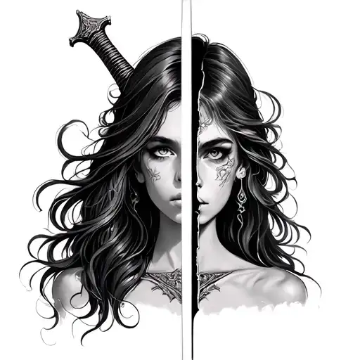 one half girl face equal split with sword tattoo design idea