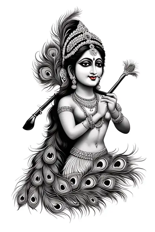 Create a lord Krishna tattoo design with peacock feathers and flute with smile face simple image tattoo design idea