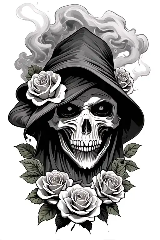 grim reaper roses money rolls and smoke rising tattoo design idea