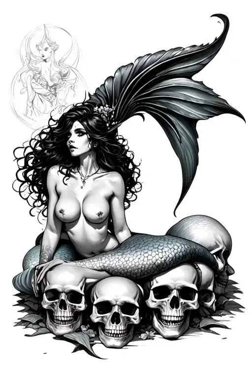 evil topless woman with a mermaid tail sitting on a bed of skulls tattoo design idea