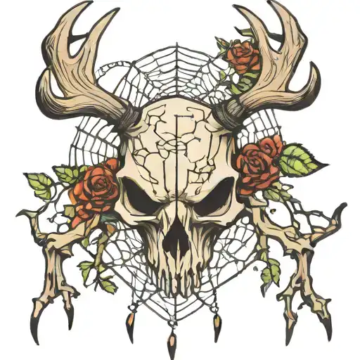 antlers hog skull spider web nature tattoo design idea