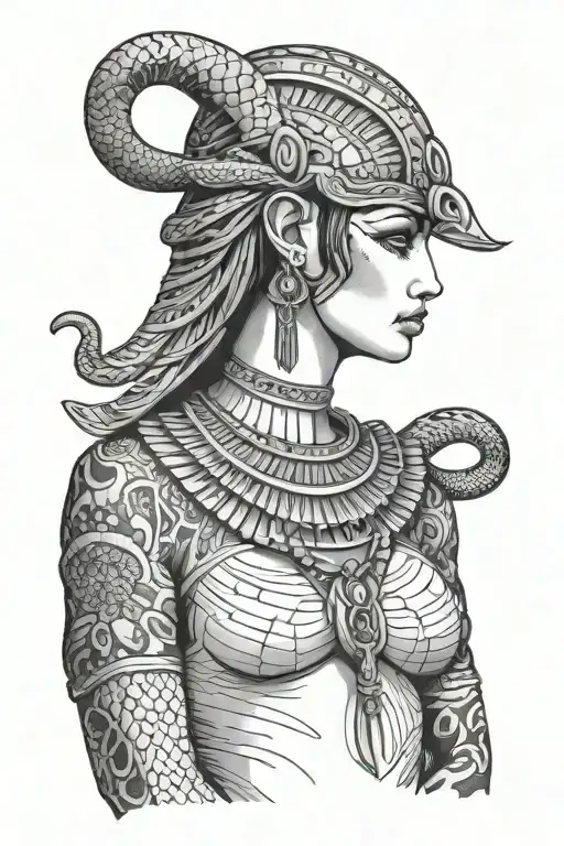 cleopatra fiercely looking straight, black lines, with snake tattoo design idea