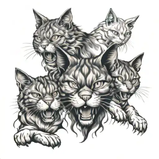 A three-headed demonic cat of the British breed, with a grin and eyes glowing with white light. Heads look to the sides tattoo design idea