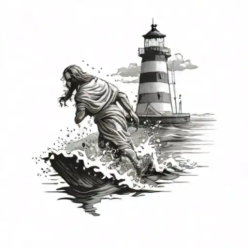 realistic image Of muscular Jesus Walking On Water walking towards a Lighthouse, from back, Symbolizing Faith tattoo design idea
