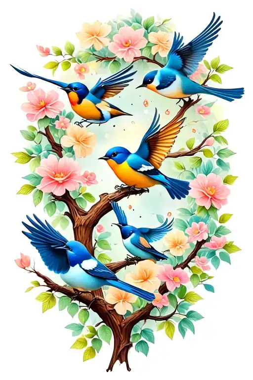cute birds flying and perched on trees with flowers in background tattoo design idea