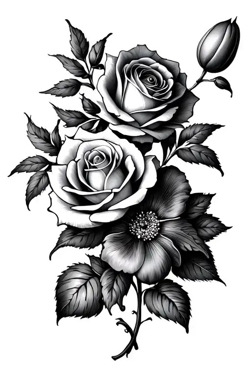 Flower tattoo with Rose, Lilly, Tulip, Pianeeze all on the same vine.  tattoo design idea